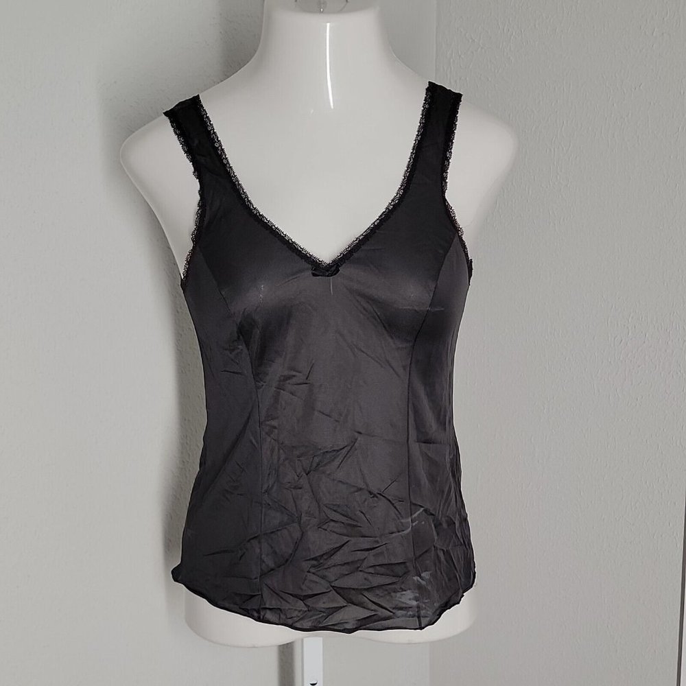Lorraine Vintage Slip Shirt Top ~ Sz 34 ~ Black ~ Sleeveless ~ Lace Trim